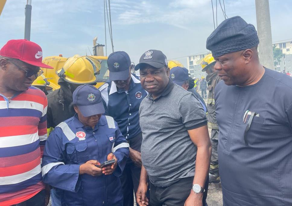Commissioner for Special Duties, Mr. Olugbenga Oyerinde; Director, Lagos State Fire and Rescue Service, Mrs. Margaret Adeseye; Commissioner for Information and Strategy, Mr. Gbenga Omotoso and the Special Adviser to the Governor on Works and Infrastructure, Engr. Adekunle Olayinka during an assessment of the tanker fire incident at Ijora/Apapa on Friday, 13 October 2023