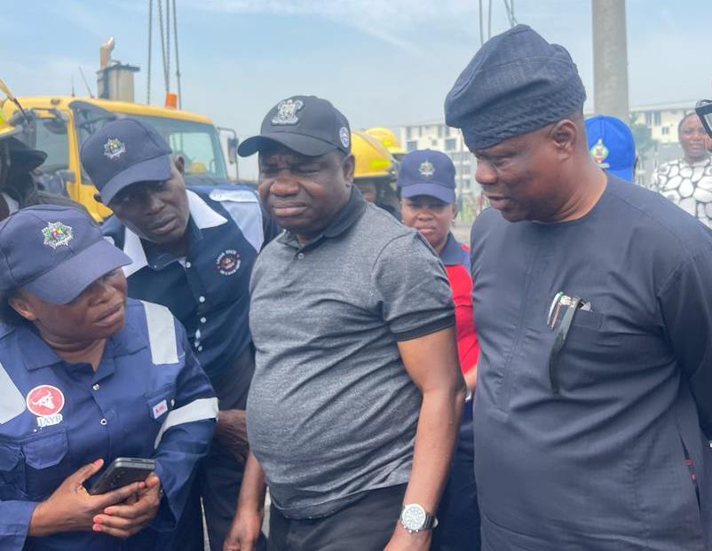 Director, Lagos State Fire and Rescue Service, Mrs. Margaret Adeseye; Commissioner for Information and Strategy, Mr. Gbenga Omotoso and the Special Adviser to the Governor on Works and Infrastructure, Engr. Adekunle Olayinka during an assessment of the tanker fire incident at Ijora/Apapa on Friday, 13 October 2023