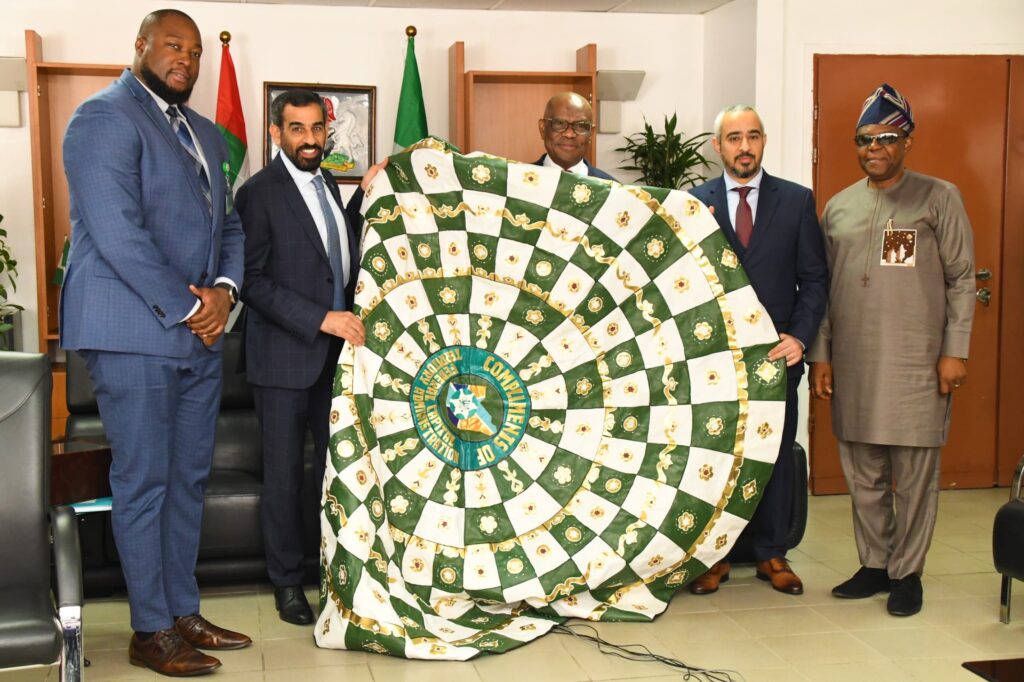 FCT Minister, Barrister Nyesom Wike (3rd left) presenting a gift to the UAE Ambassador to Nigeria, HE Salem Saeed Al Shamsi (2nd left) flanked by SSA to the FCT Minister on Legal and Multilateral Matter, Barrister Benedict Dauda,(1st left) UAE Deputy Ambassador to Nigeria, Humaid Abdulla (2nd right) and the Secretary, Economic Planning, Revenue Generation and PPP Secretariat, Mr Charles Elechi (1st right) during the envoy's courtesy visit to the FCTA on Monday.