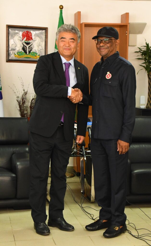 Wonju Jung Global Chairman, Daewoo Engineering and Construction being welcomed by the FCT Minister, Barrister Nyesom Wike during the visit of the Daewoo Chairman to the FCTA on Thursday