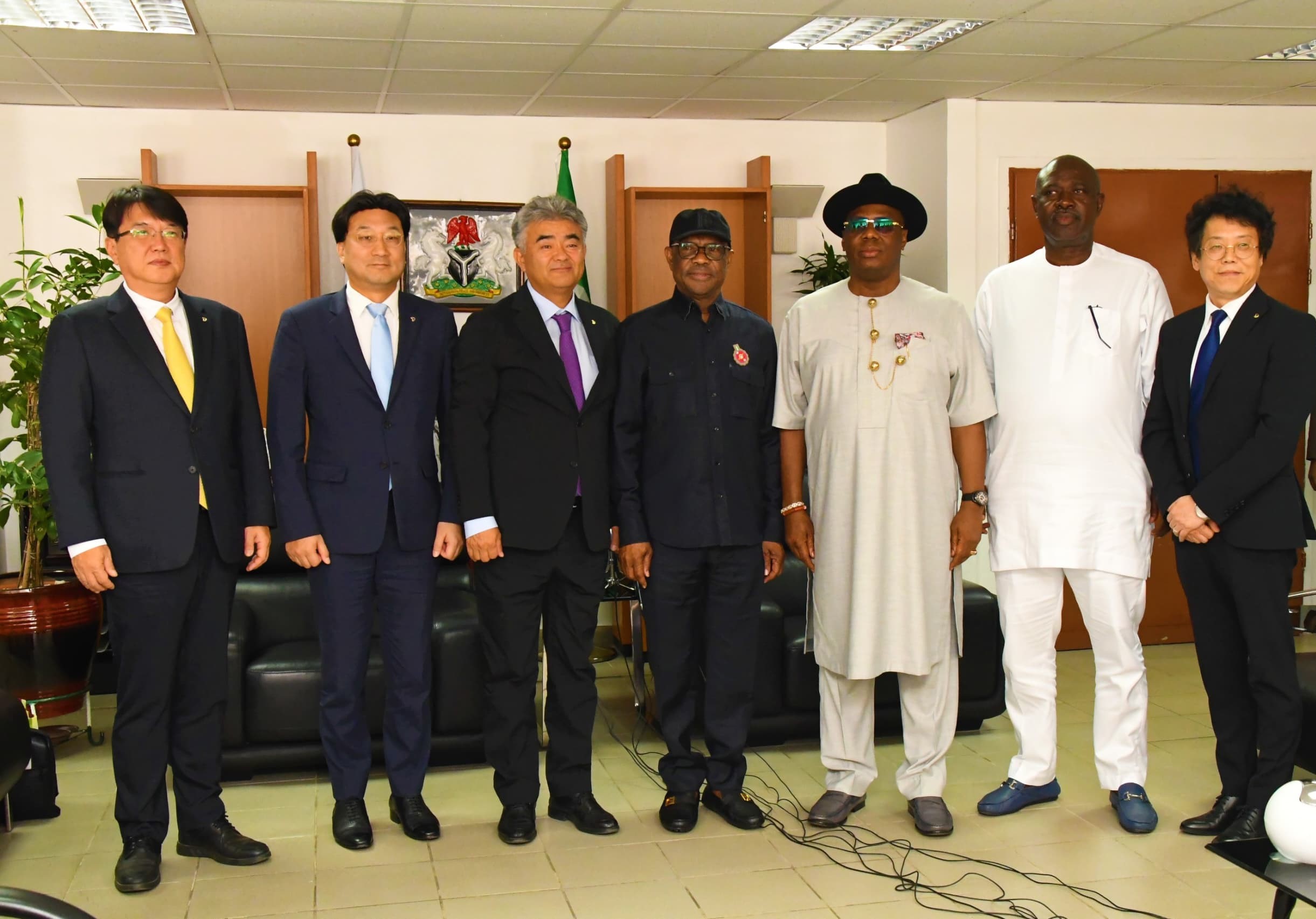 L-R: Seung Han, Executive Vice President, Daewoo Engineering and Construction, TaeWon Jubg, MD, Daewoo Eand C Nig, Wonju Jung, Global Chairman Daewoo E and C, FCT Minister, Nyesom Wike, Chief Joseph Penawou Country Chairman, Daewoo E and C, Heineken Lokpobiri, Hon Minister of State for Petroleum, and Steve Ko Executive Director Technical Daewoo E and C during the visit of the Daewoo delegation to the FCTA on Thursday