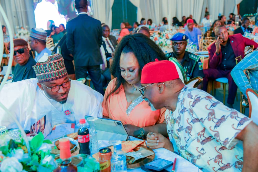 L-R: Deputy Speaker of the House of Representatives, Rt Hon Benjamin Kalu; MD/CEO, News Engineering Nigeria Limited, Lady Josephine Nwaeze and Chairman of the Senate Committee on Power, Senator Enyinnaya Abaribe at the 40th anniversary of NEWS Engineering Limited and launch of NEWS 40/40 Leadership Development Fellowship, held in Abuja on Monday night November 6 2023. Photo: Deputy Speaker's Media Office