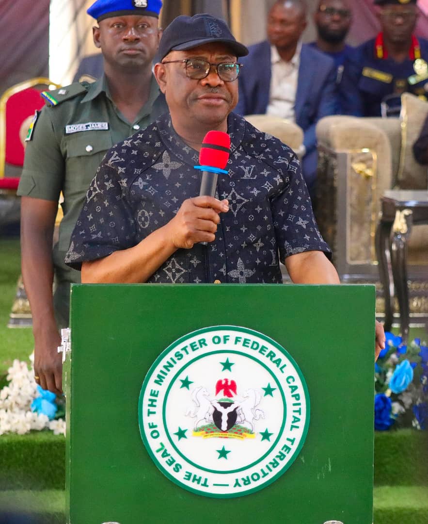 FCT Minister Nyesom Wike making his remarks during the townhall meeting on security in Bwari on Wednesday.