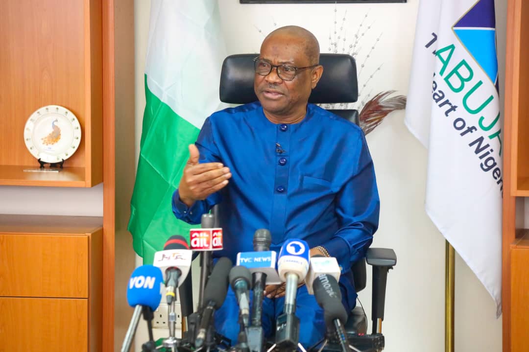 FCT Minister, barrister Nyesom Wike stressing a point during the media on Monday